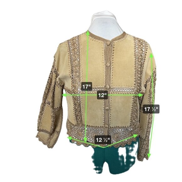 Vintage Overland Patchwork Cropped Jacket Women 8 Tan Suede Connected Crochet - Picture 11 of 11